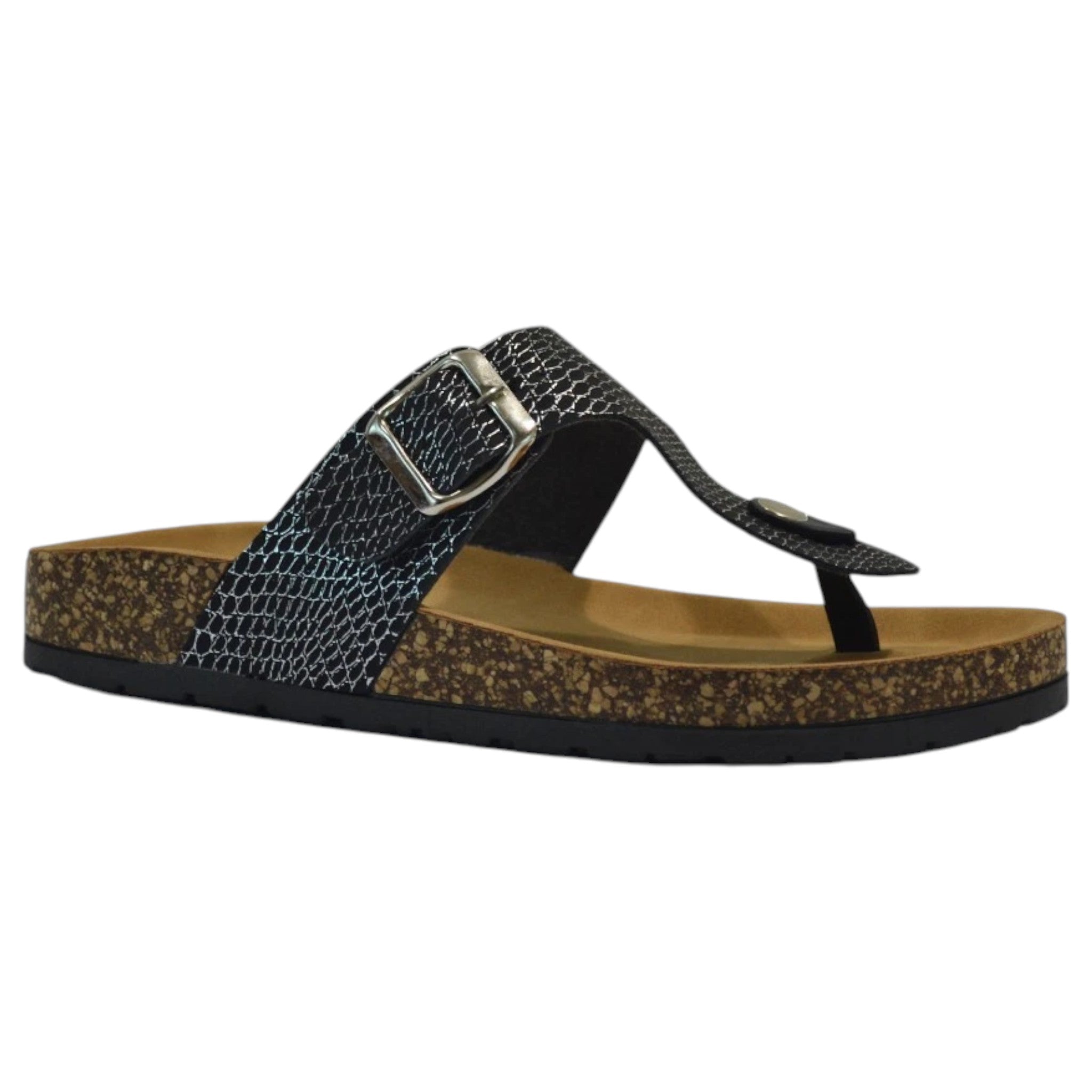 Dunlop ladies slip-on summer sandals with buckle strap and cushioned sole in black